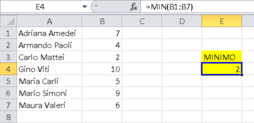 Minimo Excel per ricavare l'elemento minore