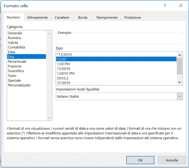 Formato cella configurato per ora attuale