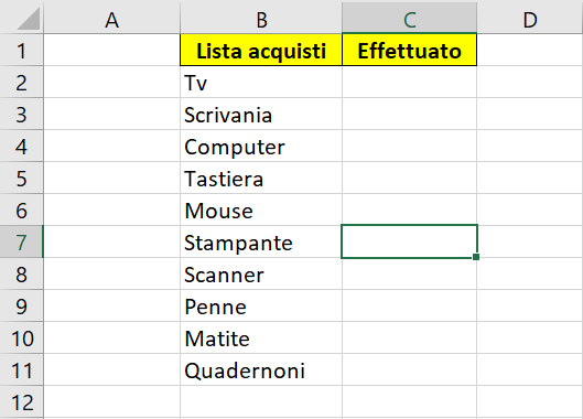 Elenco Excel con prodotti in colonna