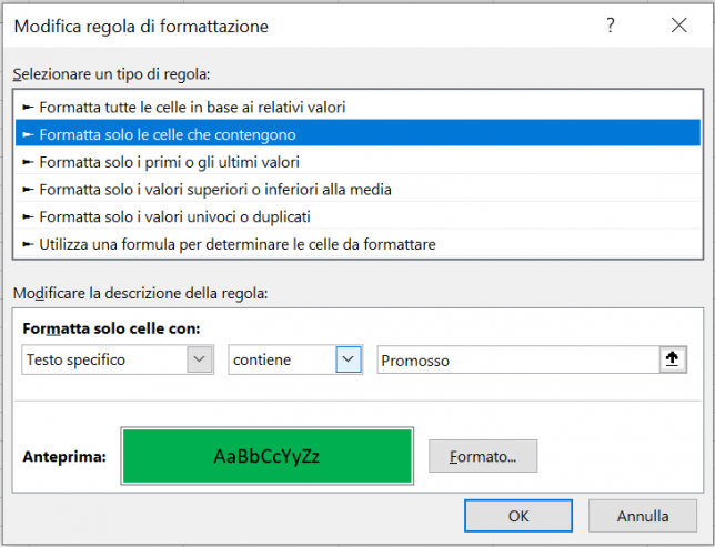 Modifica regola di formattazione