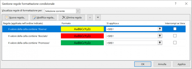 Gestione regole formattazione condizionale