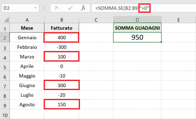 SOMMA.SE con condizione maggiore di zero