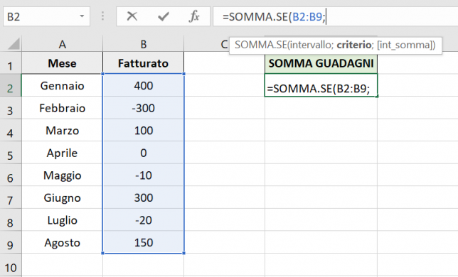 Il primo parametro della formula SOMMA.SE